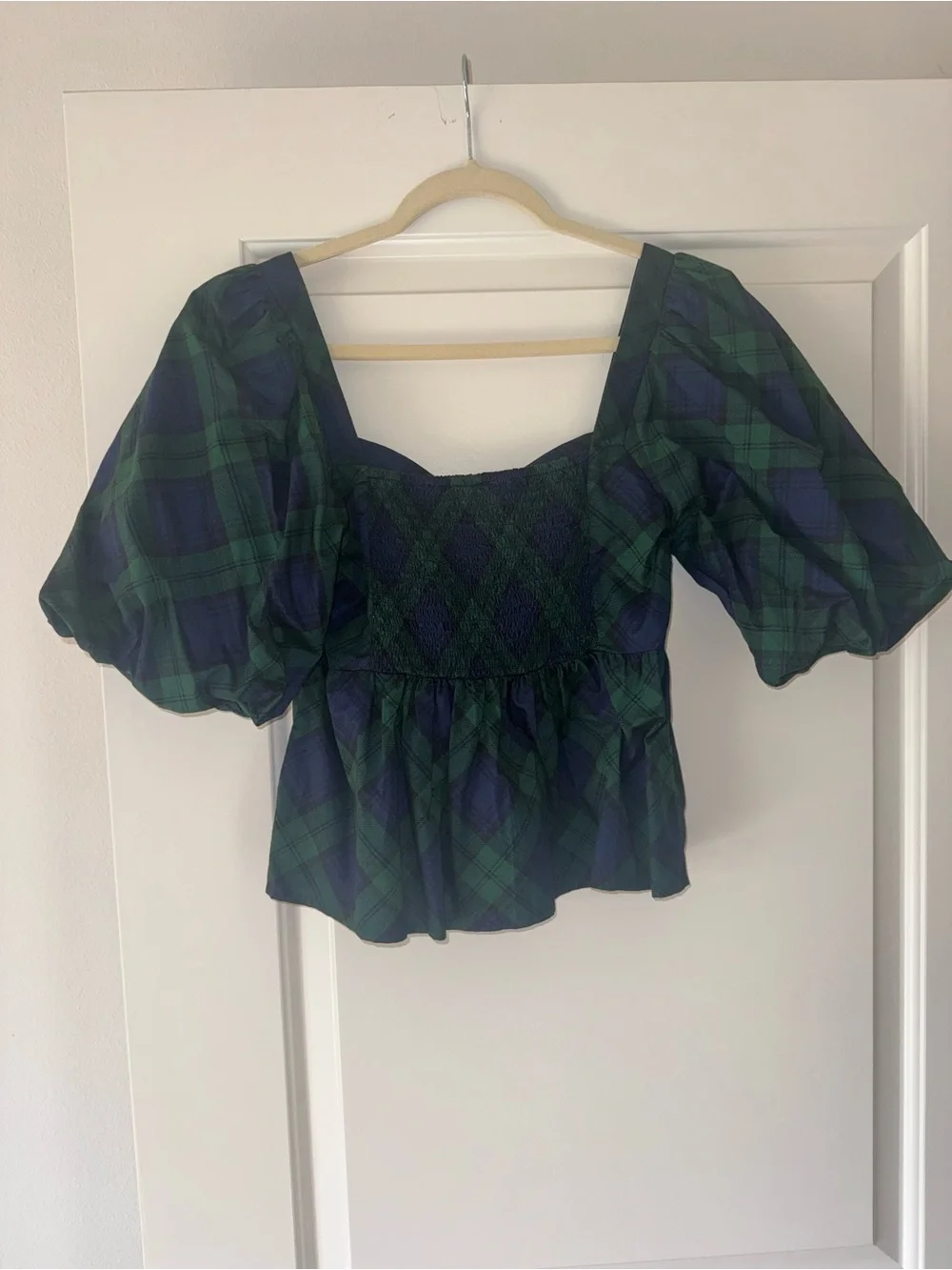 Puff-Sleeve Plaid Peplum Top in Green and Navy